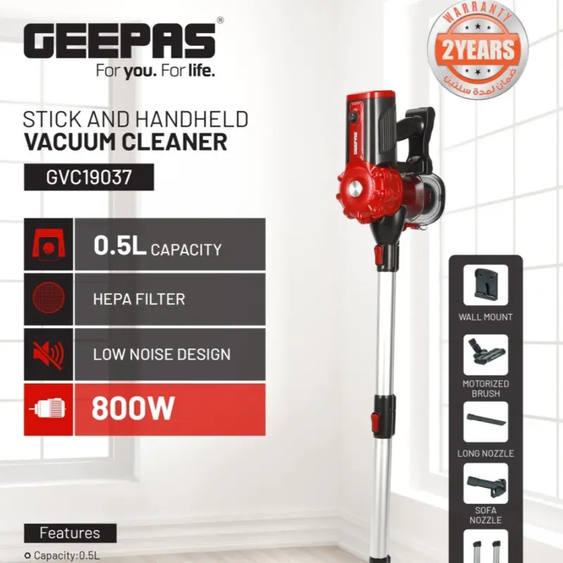 GEEPAS VACUUM CLEANER STICK HANDELD 0.5L 800W GVC19037 MADE IN CHINA ( 2 YEAR FULL WARRANTY )